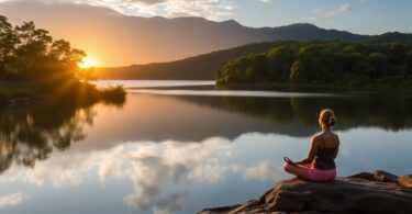 Person meditating by tranquil Australian lake
