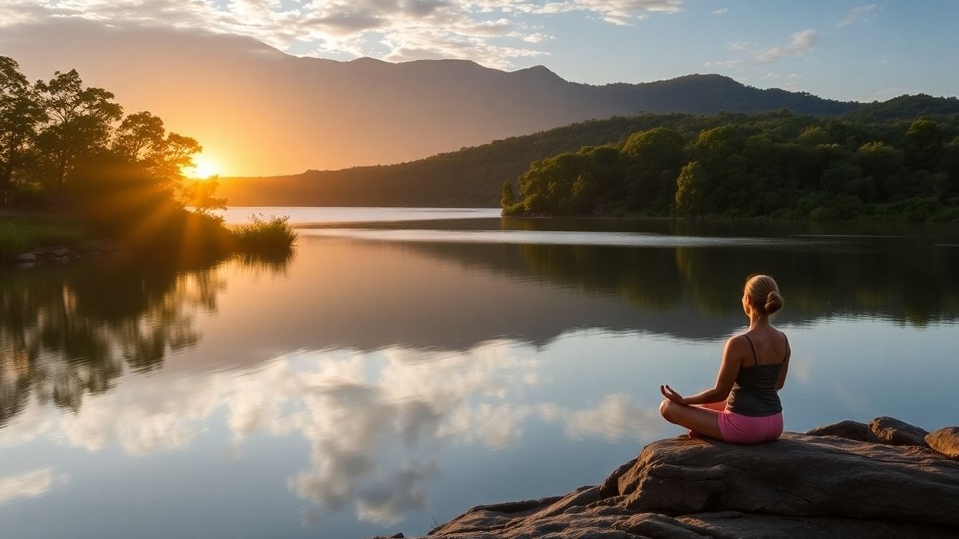 Person meditating by tranquil Australian lake