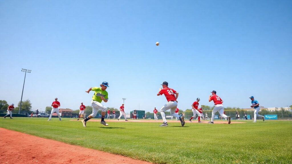 Baseball players in action on a field.