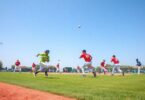 Baseball players in action on a field.