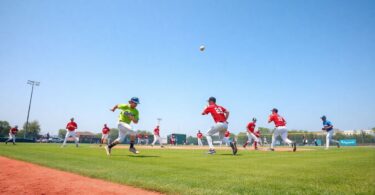 Baseball players in action on a field.
