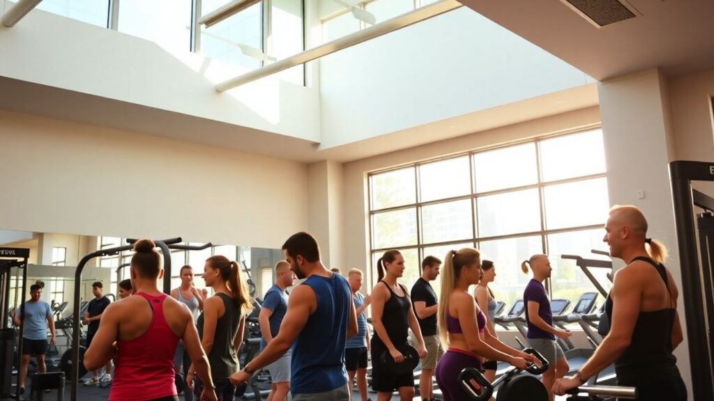 Melbourne gym with people exercising, modern equipment.