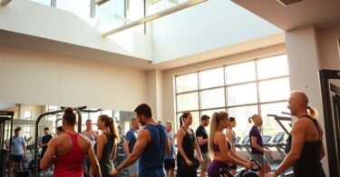 Melbourne gym with people exercising, modern equipment.