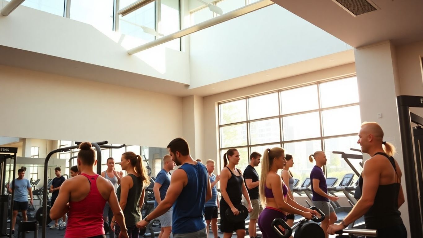 Melbourne gym with people exercising, modern equipment.