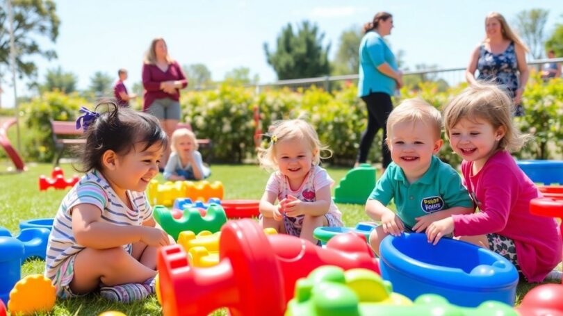 Children playing happily at Lathlain Playgroup outdoors.