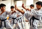 Taekwondo students training in a Rockingham dojo.
