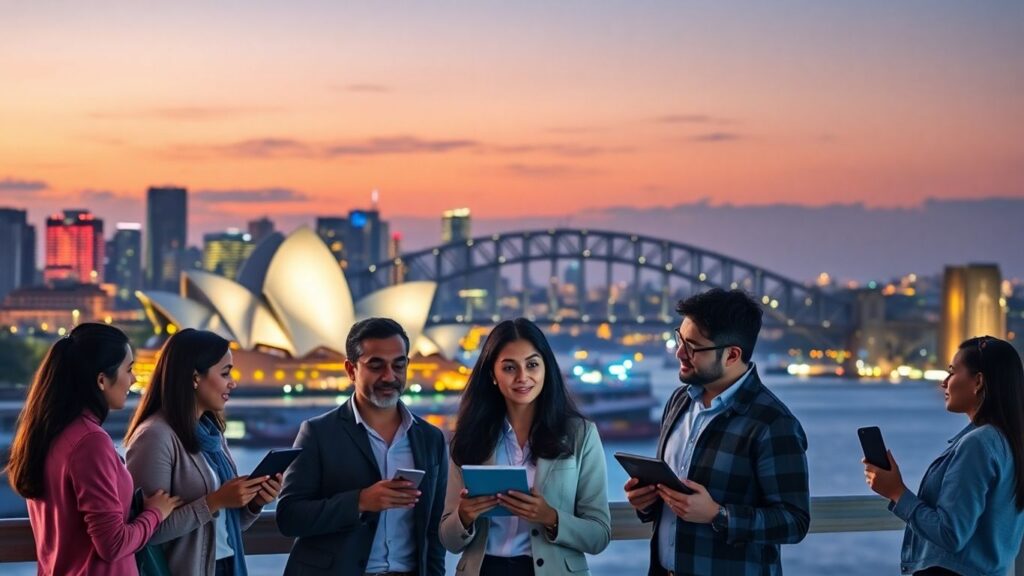 Sydney skyline with media professionals
