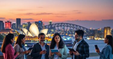Sydney skyline with media professionals