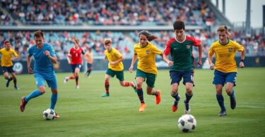 Soccer players in action on a field
