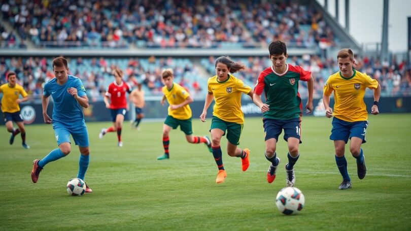 Soccer players in action on a field