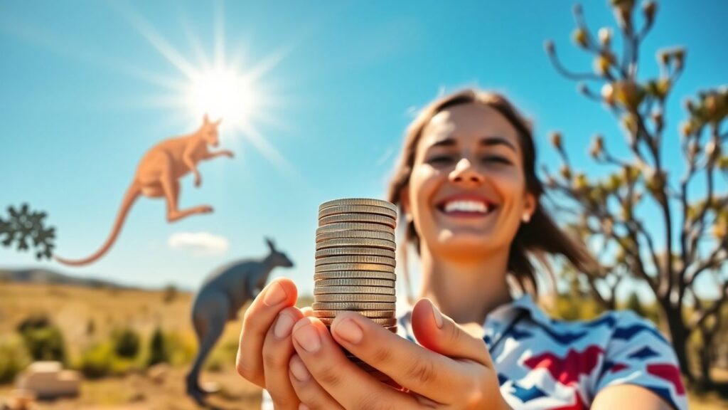 Aussie saving money with coins and landscape.