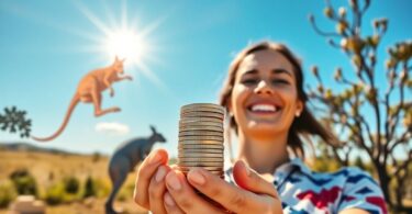 Aussie saving money with coins and landscape.