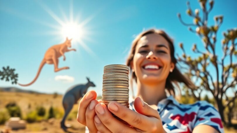 Aussie saving money with coins and landscape.