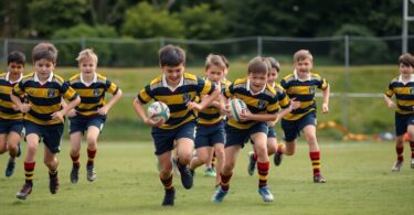 Young rugby league players in a competitive match.