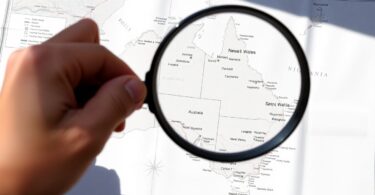 Map of NSW with magnifying glass highlighting locations.