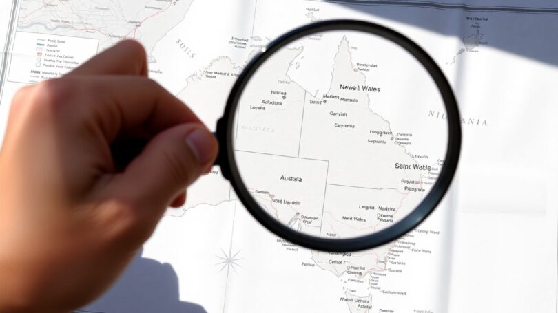 Map of NSW with magnifying glass highlighting locations.