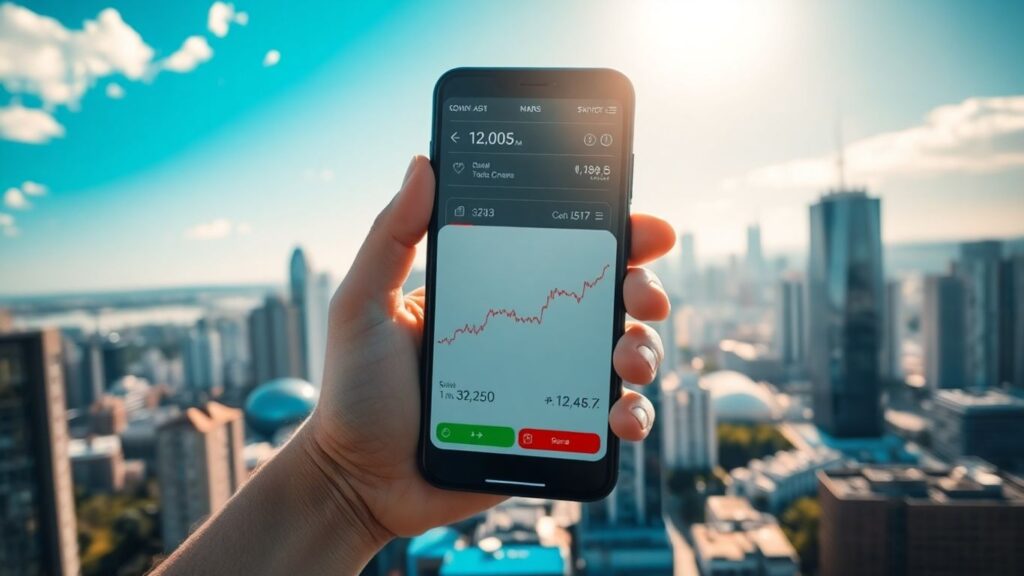 Australian cityscape with hand holding stock market phone.