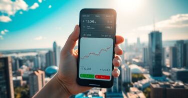 Australian cityscape with hand holding stock market phone.