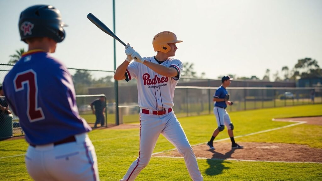 Redcliffe Padres baseball player swinging bat on field.