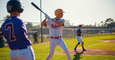 Redcliffe Padres baseball player swinging bat on field.