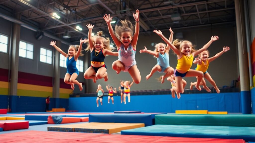 Gymnasts performing flips and tumbles at Gladesville Gymnastics Club.