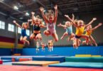 Gymnasts performing flips and tumbles at Gladesville Gymnastics Club.