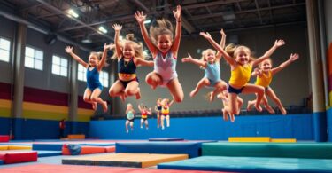 Gymnasts performing flips and tumbles at Gladesville Gymnastics Club.