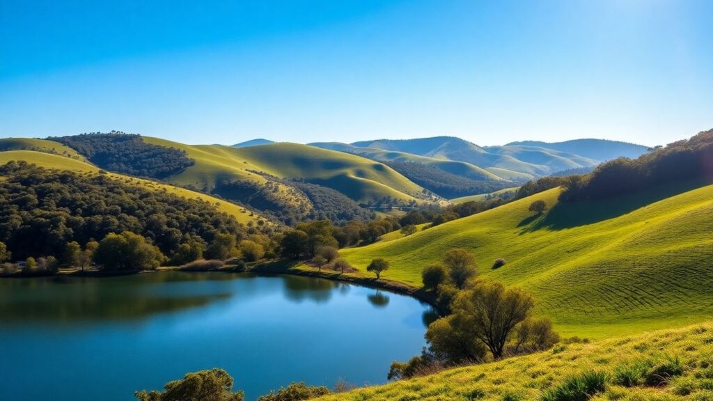 Peaceful Victorian landscape with hills and lake.