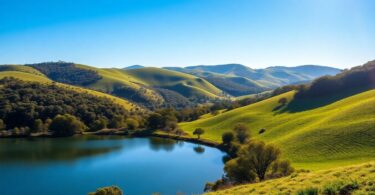 Peaceful Victorian landscape with hills and lake.