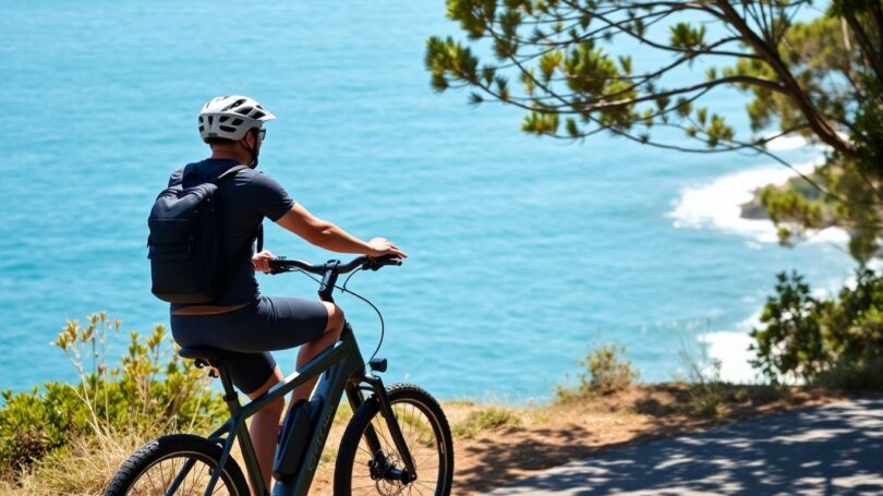 Ebike rider on Australian coastal path, wearing helmet.