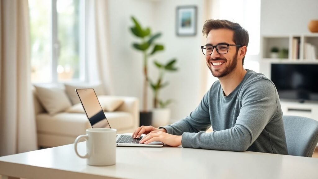 Person working on laptop at home desk