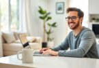 Person working on laptop at home desk