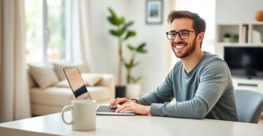 Person working on laptop at home desk