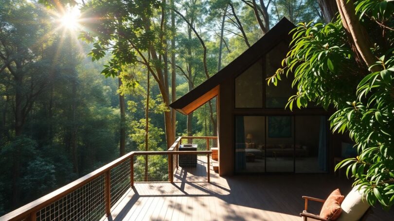Luxury cabin in Australian rainforest with private deck.