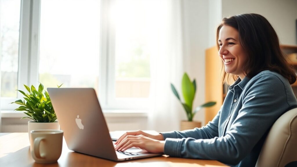 Person working from home with laptop and coffee.