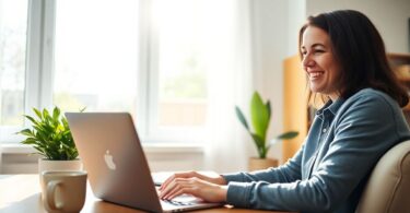 Person working from home with laptop and coffee.
