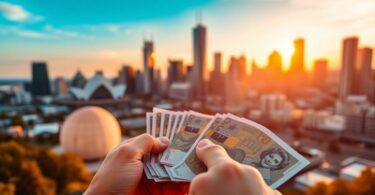 Australian dollars being sorted with cityscape background.