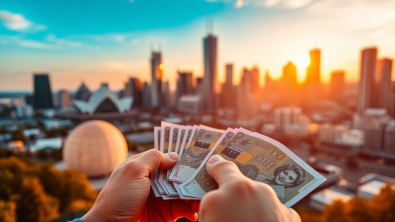Australian dollars being sorted with cityscape background.