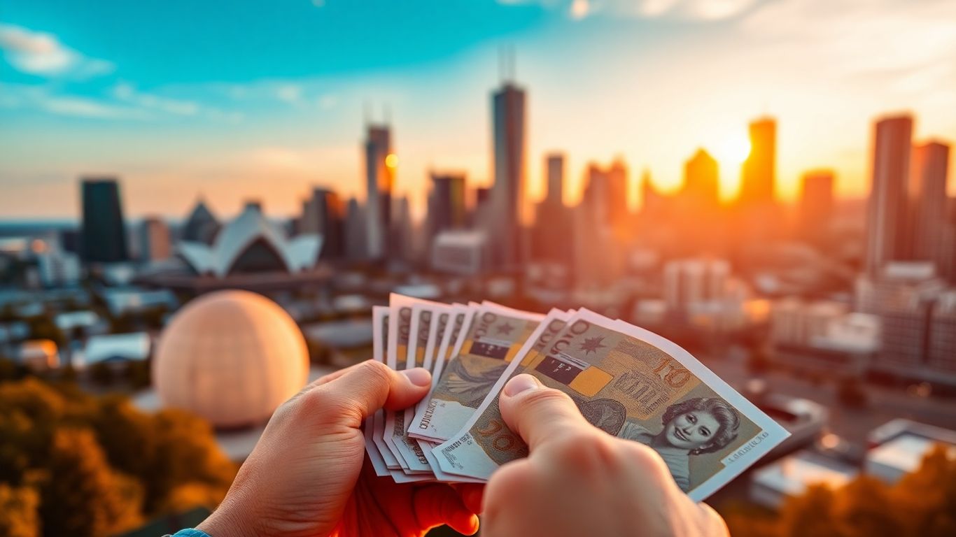 Australian dollars being sorted with cityscape background.