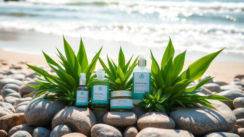 Australian beach with skincare and wellness products.