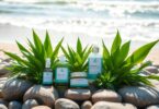Australian beach with skincare and wellness products.