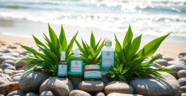 Australian beach with skincare and wellness products.