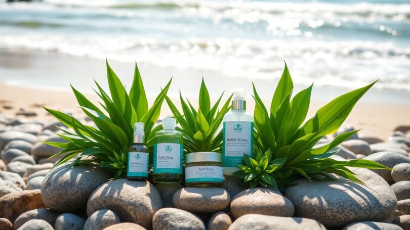 Australian beach with skincare and wellness products.