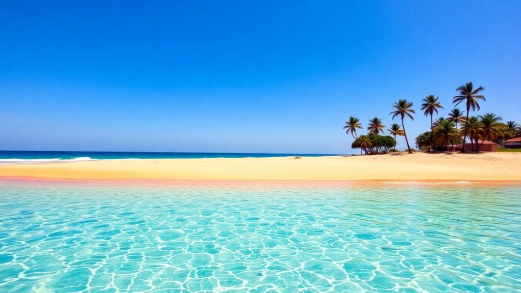 Australian beach with golden sand and blue water.