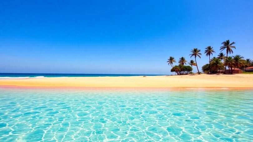 Australian beach with golden sand and blue water.
