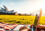 Person working on laptop with Australian landmarks.
