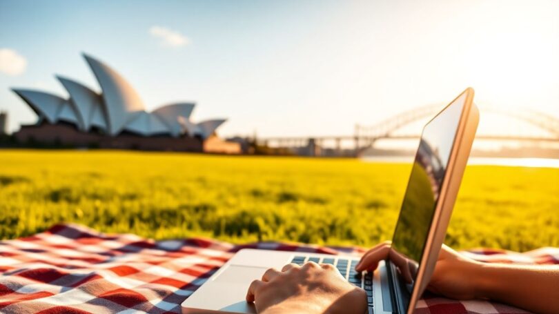 Person working on laptop with Australian landmarks.