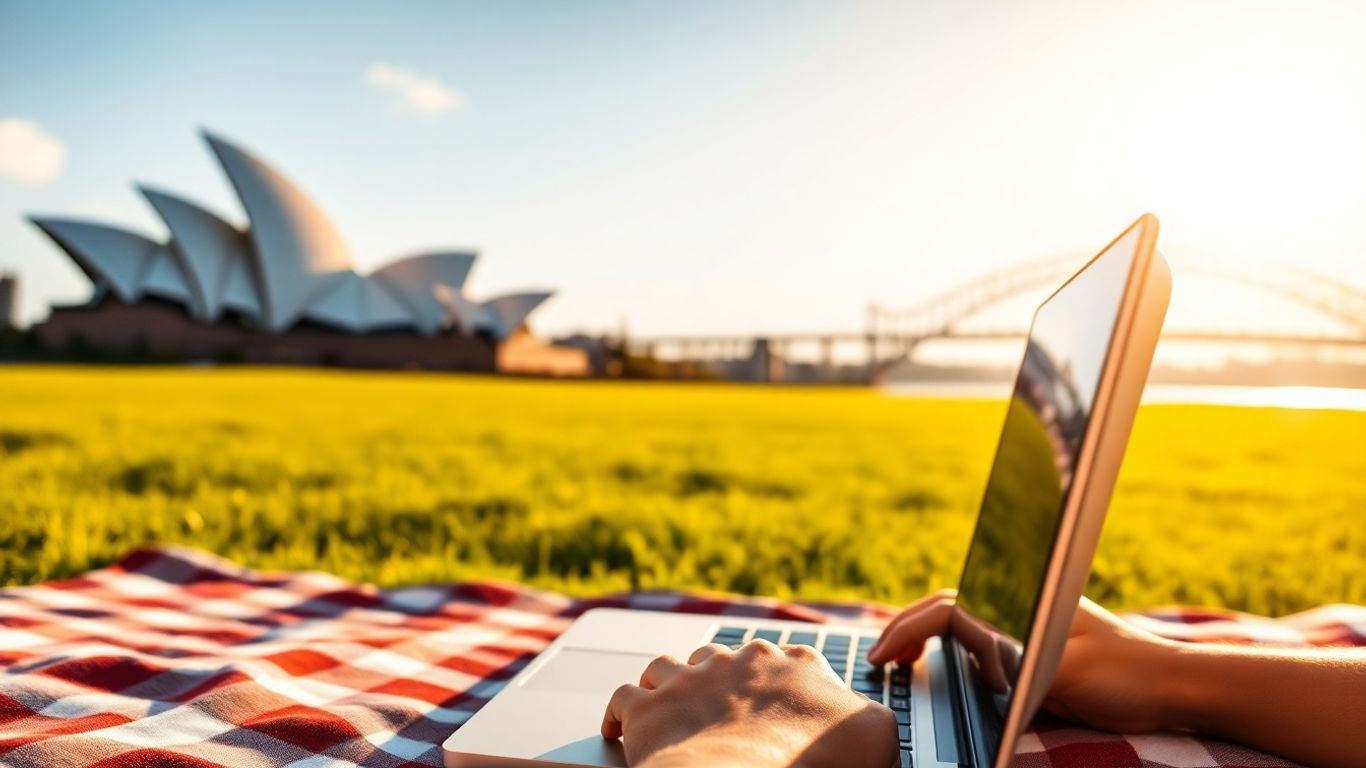 Person working on laptop with Australian landmarks.