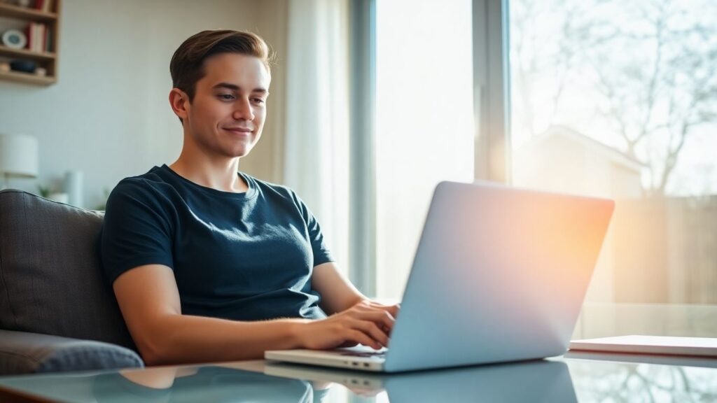 Person working remotely from home on a laptop.
