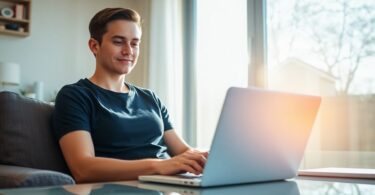 Person working remotely from home on a laptop.